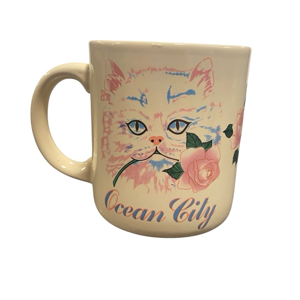 Vintage Cottagecore Cat Floral Mug Souvenir Ocean City 80s